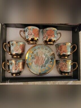 🆕️🍵12 Piece Fine Porcelain Cups & Saucers Set, Green/Peach Floral